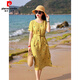 皮爾卡丹（pierre cardin）品牌折扣亞麻波點連衣裙女士氣質媽媽裝夏季感棉麻短袖中長裙 黃色 L 【115-130斤】