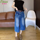 貝娜妮加肥加大碼女裝彈力七分牛仔褲女胖MM200斤休閑闊腿七分褲子薄款 藍色 XL 建議120-140斤