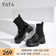 他她（TATA）英倫粗跟樂福鞋女鞋通勤顯瘦彈力襪靴冬季新XJP01DD4 黑色（亮面） 38