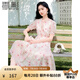 香影v領(lǐng)印花連衣裙女2025夏季新款絕美暈染木耳領(lǐng)泡泡袖雪紡裙子 粉紅 L