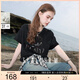 三彩2025夏季新款字母刺繡T恤圓領(lǐng)落肩袖寬松上衣純棉套頭衫休閑M