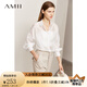 AMII2025春新款翻領燈籠袖微透高級感白襯衫女寬松法式上衣襯衣 米白 160/84A/M