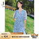 玖姿·安娜蔻V領(lǐng)雪紡連衣裙女裝夏款泡泡袖褶皺感淺藍色裙 花淺藍 M