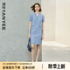 顏域格子V領(lǐng)直筒連衣裙女2025夏季新款短袖氣質(zhì)輕熟風(fēng)中長(zhǎng)款裙子 藍(lán)格 M