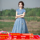 煙花燙短袖超仙森系連衣裙女2025春新品淑女收腰繡花網(wǎng)紗中長裙子 化雪 寶藍(lán)色 XL