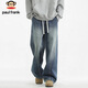 大嘴猴（paul frank）牛仔褲男秋季寬松彎刀褲子男士美式休閑褲男長(cháng)褲子 復古藍色 4XL