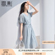 香影v領(lǐng)泡泡袖連衣裙女2025夏裝新款仙女裙收腰絕美漂亮藍(lán)色裙子 藍(lán)色 M 160/84A/95-110斤