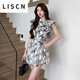 LISCN新中式國風(fēng)套裝女2025年夏新款盤扣開叉上衣松緊腰短褲兩件套987 水墨畫套裝 S