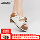 AU&MU2025夏季新款真皮涼拖鞋外穿透氣厚底增高女鞋軟底上班百搭勃肯鞋 白色【頭層牛皮 不累腳】 2106 37