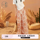 紫涵（ZIHAN）紫涵印花垂感闊腿褲女夏季法式民族風(fēng)寬松高腰直筒休閑褲 米底紅花 S