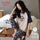 歐迪芬（Ordifen）女士睡衣女夏季純棉薄款短袖長褲帶胸墊家居服可外穿女時尚格紋