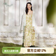 片斷（dribs＆drabs）片斷連衣裙女夏季新款小清新藝術(shù)抽象印花優(yōu)雅抽褶設(shè)計(jì)吊帶裙 白綠 L 165/88A