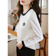尚靜設計感山茶花釘珠百搭顯瘦上衣秋季款撞色圓領(lǐng)T恤女
