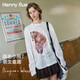 Henny Rue長袖t恤女寬松長款大版上衣可愛小熊插畫聯(lián)名印花棉質(zhì)女士打底衫 跳舞熊