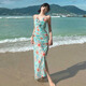 九寸陽光純欲性感荷葉邊碎花吊帶連衣裙女夏海邊度假氛圍感露背開叉沙灘裙 圖片色 M /推薦體重95-105斤