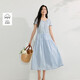 茵曼法式全棉刺繡小飛袖連衣裙夏季女裝浪漫花邊寬松裙子 淺水藍  XL