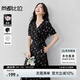 尚都比拉V領(lǐng)短袖印花連衣裙女夏季收腰顯瘦茶歇碎花裙優(yōu)雅通勤中長裙