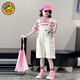 哈羅小黃鴨（G.DUCKKIDS）女童夏日穿搭套裝2025新款兒童夏季短袖女大童背帶短褲夏裝兩件套 粉紅色t+背帶褲 120 cm