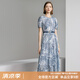 顏域印花短袖連衣裙女裝2024新款夏裝復(fù)古通勤藍(lán)色中長(zhǎng)款圓領(lǐng)裙子 藍(lán)花 L/40