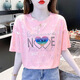 登森奧奧夏季白色冰絲薄款短袖t恤女新款半袖體恤亮片寬松上衣打底衫 粉色（炫彩心） XL 建議115-130斤