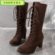 壹號鳳棕色長(cháng)筒靴綁帶 cos特萬(wàn)用鞋高跟英倫風(fēng)馬丁女 咖啡色全新升級款 35