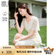 香影（xiangying）v領(lǐng)蕾絲連衣裙女2025夏季新款重工米白色高級(jí)感法式鏤空裙子 米色 M