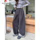 皮爾卡丹（pierre cardin）特大碼2-300斤復古拼色闊腿西裝褲女秋冬大碼卷邊毛呢直筒拖地褲 灰色 2XL 建議150-185斤