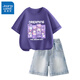 真維斯女童套裝夏季兒童短袖牛仔短褲薄款夏裝女孩可愛(ài)兩件套時(shí)尚童裝 深紫 長(cháng)四格洛米+淺藍 130