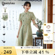 朵以（Duoyi）2025夏裝新款新中式水墨印花連衣裙復(fù)古國風(fēng)壓褶收腰改良旗袍女 瓷綠 M