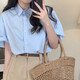渝鼎福藍(lán)色短袖襯衫女夏季2025夏日絕美新款別致上衣高級感襯衣女設(shè)計感 藍(lán)色M （優(yōu)質(zhì)面料）