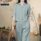 啄木鳥(niǎo)棉麻新中式套裝女2025夏季新款亞麻復古盤(pán)扣上衣闊腿褲休閑兩件套 一套【上衣+褲子】藍色 XL 建議110-120