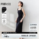 尚都比拉法式連衣裙女夏天赫本風(fēng)氣質(zhì)A字裙抽褶收腰顯瘦背帶裙 黑色 M