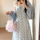 斤慕法式碎花吊帶連衣裙女韓系溫柔風(fēng)夏季甜美收腰顯瘦蕾絲拼接長裙 M(無開衫，建議100-110斤)