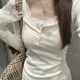 桂岐 蕾絲假兩件U領(lǐng)長袖t恤女2025春秋季修身拼接碎花別致打底短上衣 米白色 S （建議80-90斤）