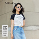 MO&Co.美式復(fù)古丘比特印花撞色插肩袖圓領(lǐng)短袖微修身T恤上衣上裝 黑色-第2批 M 165