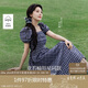 茵曼章若楠同款|法式格紋連衣裙夏季女裝百搭泡泡袖a字裙子 藏青  M