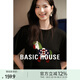 Basic House/百家好韓版撞色卡通圓領(lǐng)T恤女夏季新款減齡短袖上衣 黑色 L