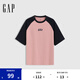 Gap男女裝2025春季新款純棉印花logo撞色插肩袖短袖T恤上衣725618 粉色 XS (165/84A)亞洲尺碼
