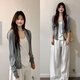 FSHE灰色開(kāi)衫外套女冰絲針織春秋款小外搭配吊帶防曬罩衫薄紗上衣女外 淺灰色【開(kāi)衫】【夏日】 輕薄 S