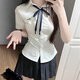 小野七天jk學(xué)院風(fēng)收腰短袖女2025夏季新款純欲制服日系校供感刺繡襯衫上衣 紺色 含領(lǐng)結(jié) S 建議80-90斤