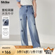 MsShe【刺繡闊腿拖地牛仔褲】大碼女裝2025夏裝胖mm加長(zhǎng)褲 牛仔淺藍(lán)色現(xiàn)貨 3XL