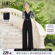 絲柏舍高腰闊腿褲2025夏裝新款女裝V領(lǐng)拼接假兩件寬松款連體褲