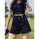 衣然呈品梨形身材高腰a字牛仔短褲女夏季薄款寬松遮胯顯瘦時尚辣妹熱褲女 黑色 M 【建議90-110斤】