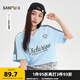三福短T恤2025夏季條紋蕾絲袖V領寬松短袖上衣女裝503596 粉藍色 S