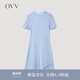 OVV2023春夏新款女裝彈力修身A型傘裝不對(duì)稱短袖U領(lǐng)針織裙 藍(lán)灰鑲拼09 M
