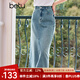 百圖betu女裝夏季新款半身裙高腰中開叉燙鉆牛仔半身裙女2407T55 牛仔色 L