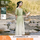 香影果綠色漸變苧麻連衣裙女2025夏季新款萊賽爾天絲泡泡袖系帶裙 果綠 M 160/84A/95-110斤
