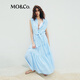 MO&Co.連衣裙高腰綁帶苧麻翻領立體寬肩襯衫長裙藍白條紋摩安珂 藍白條色 M 165