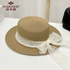 俞兆林帽子女日系百搭蕾絲綁帶蝴蝶結平頂草帽夏季出游遮陽(yáng)防曬禮帽休閑 卡其色 珍珠長(cháng)蝴蝶結 S(54-56cm)