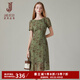 經(jīng)典故事（JANE STORY）2025年新款浪漫玫瑰印花連衣裙女夏季輕薄高級感收腰顯瘦雪紡裙子 綠咖色花 XL